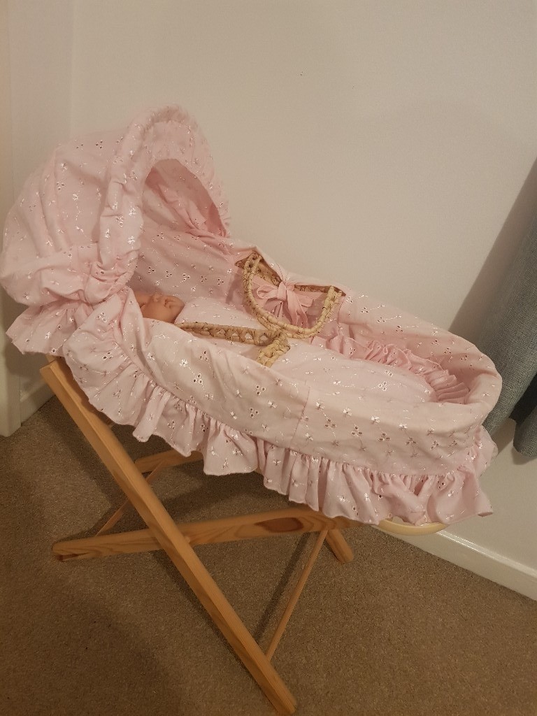 pink dolls moses basket with stand